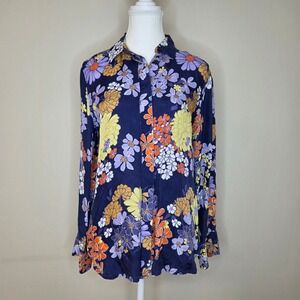 J. Crew Sustainable Cupro Floral‎ Blouse Dark Purple Hidden Placket Size 4